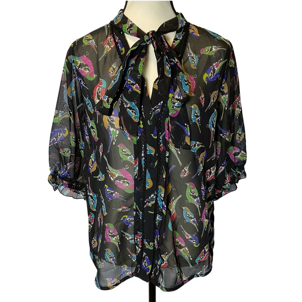 Uttam Boutique‎ Sheer Blouse Size Medium Colorful Bird Tie Neck Button Down